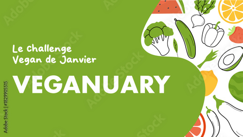 Illustration Veganuary au format social media, légumes frais et message vegan pour le défi vegan de janvier. Fond moderne vert, idéal réseaux sociaux et communication responsable.
