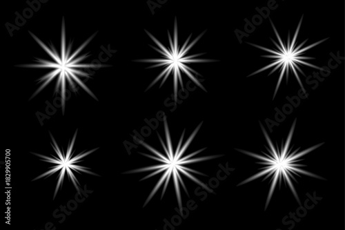 Glowing White Star Light Effects – Sparkle Burst Lens Flare Vector Set.