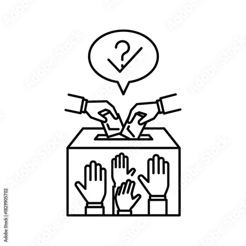 Voting and Election Icon: Hands Casting Ballots into a Box with Choice and Result Symbols, representing Civic Participation and Democratic Process