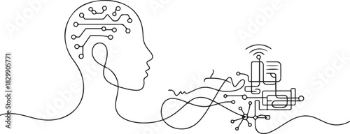 Continuous line art or One Line Drawing of artificial intelligence, future technology and communication concept. one line Icon drawing