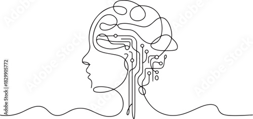 Continuous line art or One Line Drawing of artificial intelligence, future technology and communication concept. one line Icon drawing