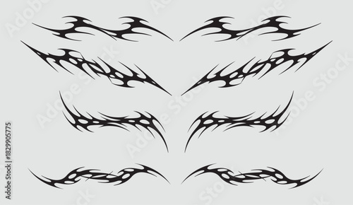 Set Neo tribal vector gothic art pack. Y2k cyber sigil aesthetic tattoo, simmetric ethnic celtic shape. Vector illustration of emo gothic tribal tattoo designs, acid metal music poster