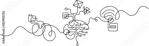 Continuous line art or One Line Drawing of artificial intelligence, future technology and communication concept. one line Icon drawing
