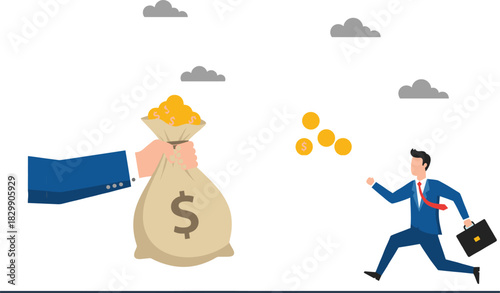 Business Vector Illustration of a Hand Giving a Bag of Money to a Businessman Running Towards Financial Reward Concept of Earnings Investment and Monetary Success