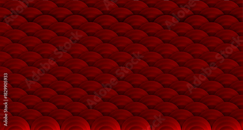 A seamless texture or background of densely packed, overlapping semicircular with scalloped shapes in rendered in deep, luxurious red or crimson, with gradient shading of undulating scales, waves.
