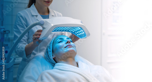 Woman receiving blue LED light therapy facial in a beauty clinic. Professional cosmetologist performing a skincare rejuvenation procedure on a client's face. Aesthetic medicine and wellness concept