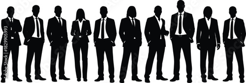 Professional business people silhouette vector illustration standing in a line representing corporate teamwork leadership and a diverse group of employees ready for success
