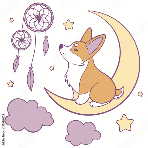 Playful Happy Corgi design, styled with sitting on a moon and Dreamland shades in a Fantasy dream setting