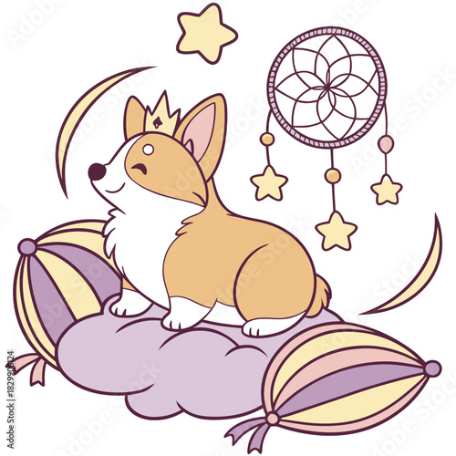 Dreamland themed SVG: Cheerful Corgi with with a tiny crown in a Fantasy dream environment