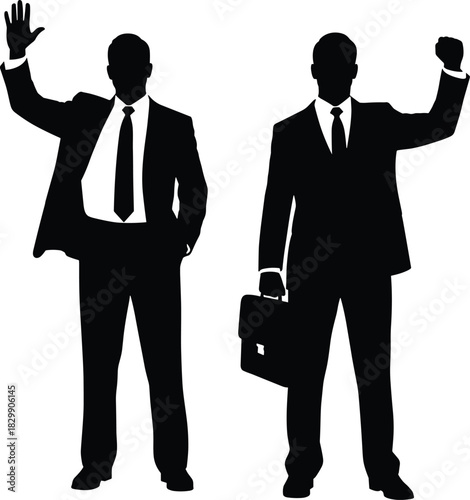 Vector silhouettes of two successful businessmen celebrating with strong gestures perfect for corporate success achievement victory and enthusiastic communication concepts