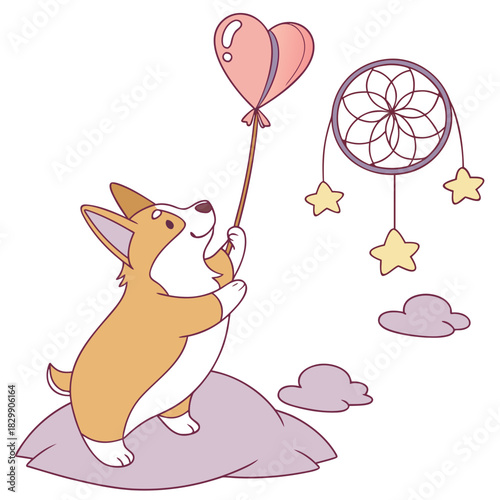 A Excited Corgi with holding a heart in a Fantasy dream theme – Dreamland palette SVG illustration