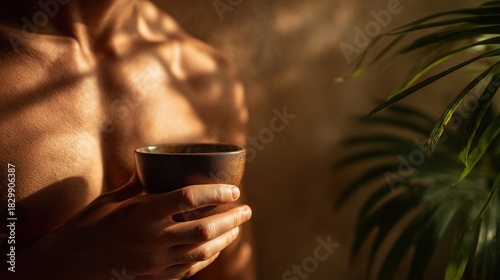 A young man with a toned physique holds a ceramic cup. Soft shadows from a nearby plant create a warm atmosphere. The background is softly lit and neutral in color.