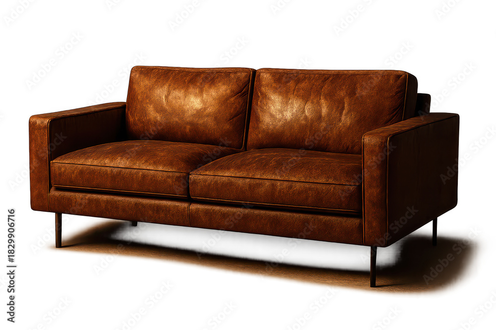 Fototapeta premium Stylish brown leather two-seater sofa isolated on transparent background