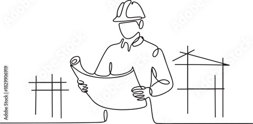 continuous line drawing engineer building Construction supervision vector illustration simple. one line Icon drawing