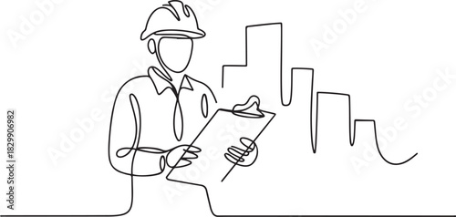 continuous line drawing engineer building Construction supervision vector illustration simple. one line Icon drawing