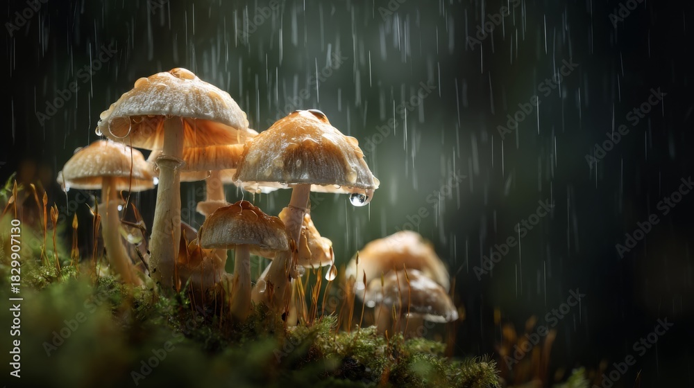 Fototapeta premium Close-Up of Mushrooms in Rainy Forest with Water Droplets Capturing the Natural Beauty and Delicate Details of Fungi on a Mossy Surface