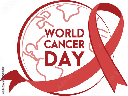 World cancer day globe with red awareness ribbon for global health
