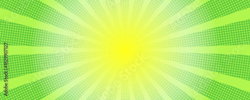 Green comics background. Abstract lines backdrop. Bright sunrays. Design frames for title book. Texture explosive polka. Beams action. Pattern motion flash. Rectangle fast boom. Vector illustration