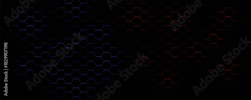 Dark hexagon abstract technology background with violet and peach colored bright flashes under hexagon. Hexagonal gaming vector abstract tech background.