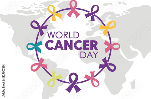 World cancer day global awareness with colorful ribbons on map