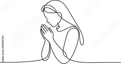 Continuous line drawing of Christian women prayer, vector illustration. one line Icon drawing