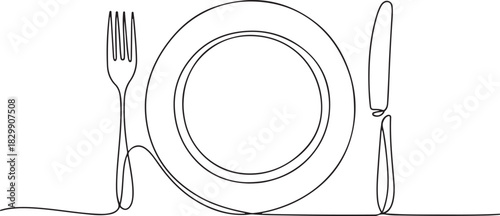 Continuous line art or One Line Drawing of plate, khife and fork. linear style and Hand drawn. one line Icon drawing