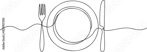 Continuous line art or One Line Drawing of plate, khife and fork. linear style and Hand drawn. one line Icon drawing