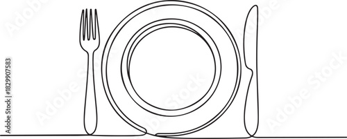 Continuous line art or One Line Drawing of plate, khife and fork. linear style and Hand drawn. one line Icon drawing