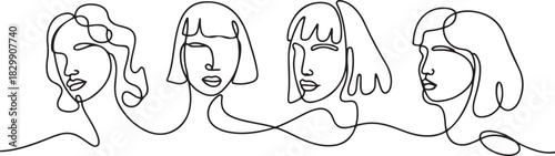 Surreal Faces Continuous line, drawing of set faces and hairstyle, fashion concept, woman beauty minimalist. one line Icon drawing