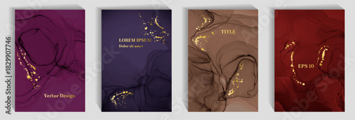 Trendy wedding invitation card backgrounds vector collection. Marble stone waves texture, foil spatter. Rich corporate business card patters, banners set. Cover page layouts.