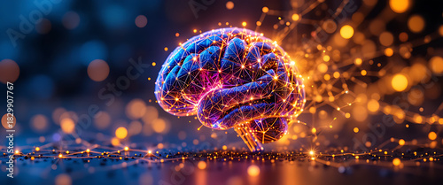 Brain hologram projecting AI code streams, sci-fi spotlight, sleek commercial design, clean dark plain background, copy space on the left,