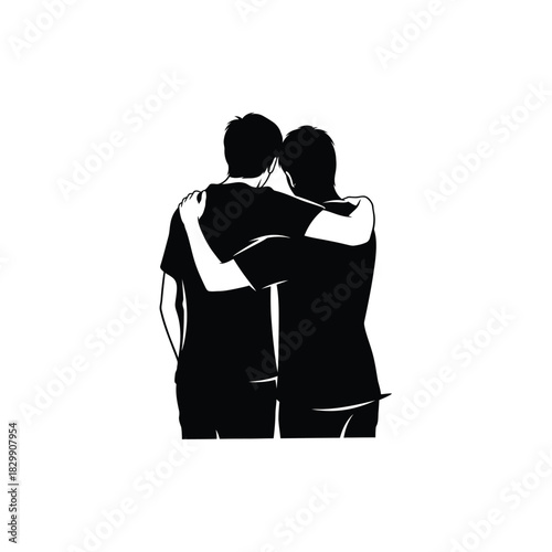 Two friends embracing in a black silhouette