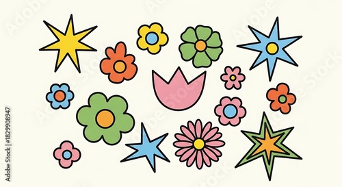 Vibrant and Playful Collection of Hand-Drawn Flowers and Stars in a Retro Style.
