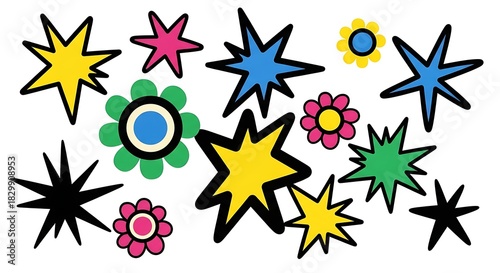 Vibrant and Playful Collection of Star and Flower Shapes in Various Colors.