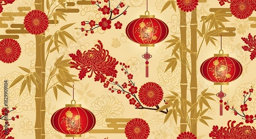 Vibrant Chinese New Year seamless pattern with lanterns, bamboo, and floral motifs.