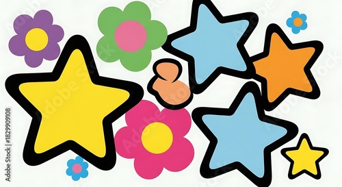 Vibrant Collection of Colorful Stars and Flowers.