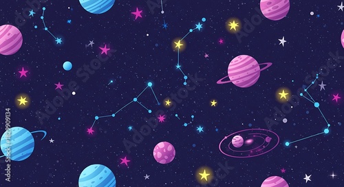 Vibrant Cosmic Galaxy with Planets and Stars Seamless Pattern.