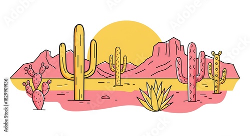 Vibrant Desert Landscape with Cacti and Mountains at Sunset.
