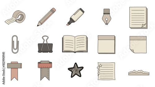 A diverse collection of hand drawn stationery and office supply icons.