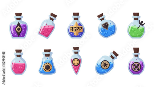 A vibrant collection of magical potion bottles for fantasy games.