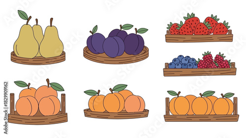 Assorted Fruits in Wooden Crates - Pears, Plums, Strawberries, Blueberries, Raspberries, Apricots, Oranges.