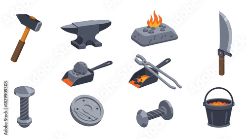 Blacksmith tools and equipment set for metalworking and forging.