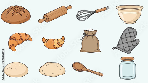 Baking Essentials - Bread, Croissants, and Tools for Culinary Creations.