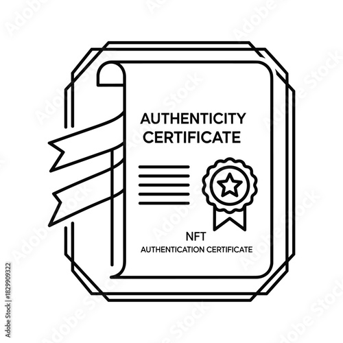 NFT Authenticity Certificate Line Icon with Star Seal and Ribbon