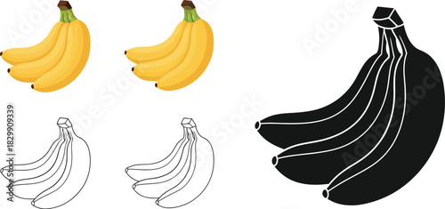 Illustrations of bananas in color outline and solid black styles displayed
