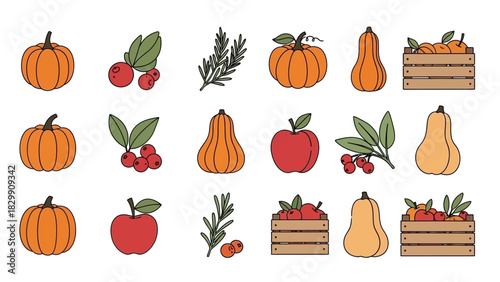 Autumn Harvest - Pumpkins, Apples, and Cranberries in a Colorful Vector Illustration.