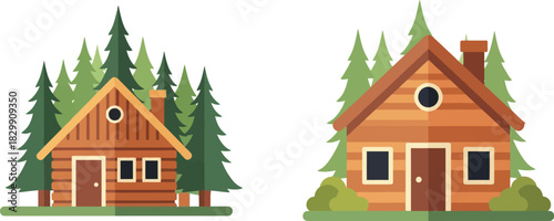 Charming wooden cabins nestled amongst evergreen trees in a peaceful landscape