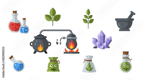Cartoon Alchemical Elements and Potion Ingredients for Fantasy Game.