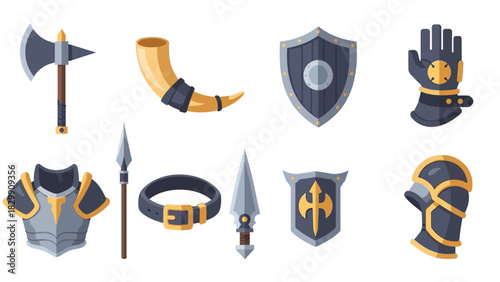 Cartoon medieval knight armor and weapon set illustration.
