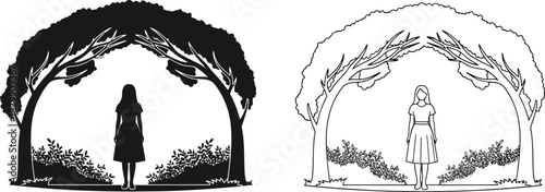 A woman stands beneath a tree archway shown in dual black and white illustrations